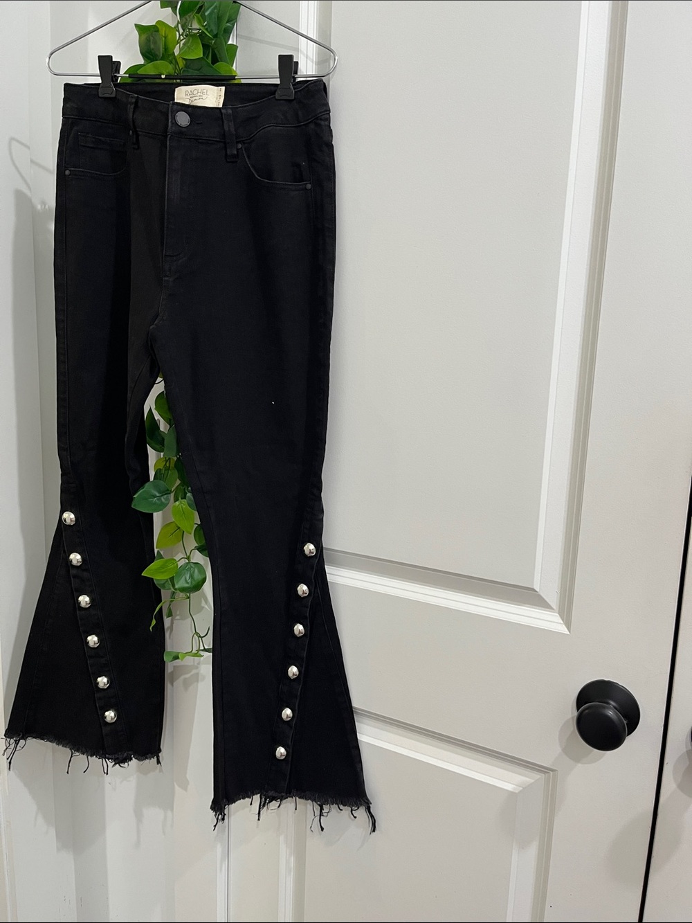 Rachel Roy Denim Black Flare Jeans with Silver Button Trim